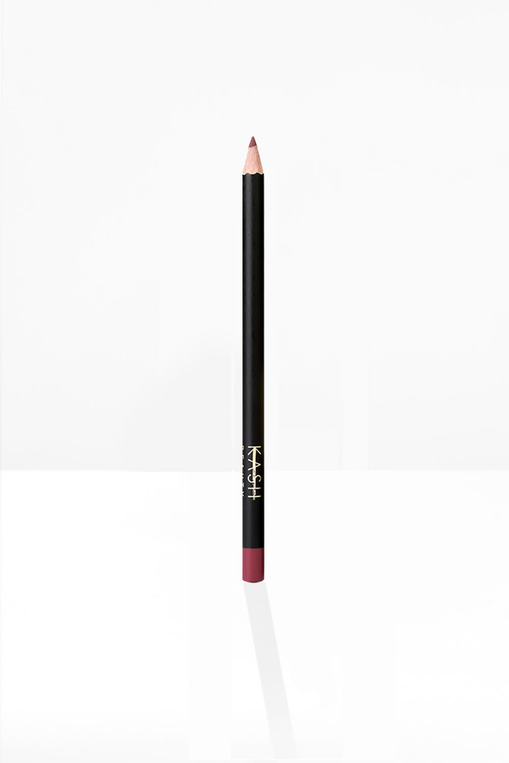 Matte burgundy lip liner pencil with black barrel by KASH, gold logo, flat tip, studio shot, white background