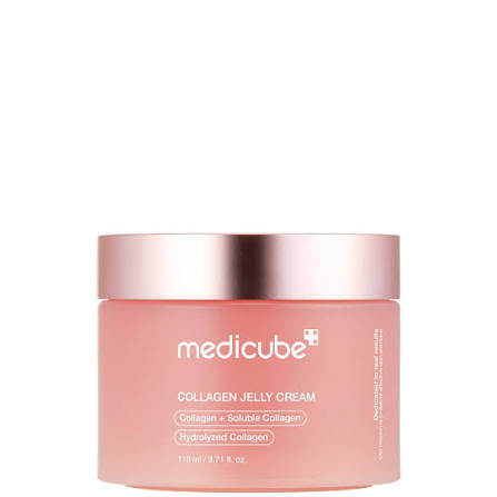 Pink jar of Medicube Collagen Jelly Cream on a white background
