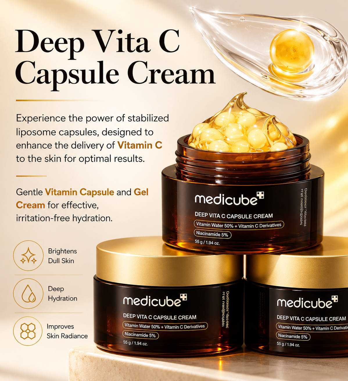 Medicube Deep Vita C Capsule Cream with product packaging and text on a light background