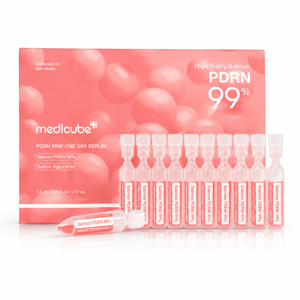 Medicube PDRN Pink One Day Serum set, featuring a pink outer box with salmon bubble graphics, ten small vials with white caps, and one vial lying in front, all on a white reflective surface.