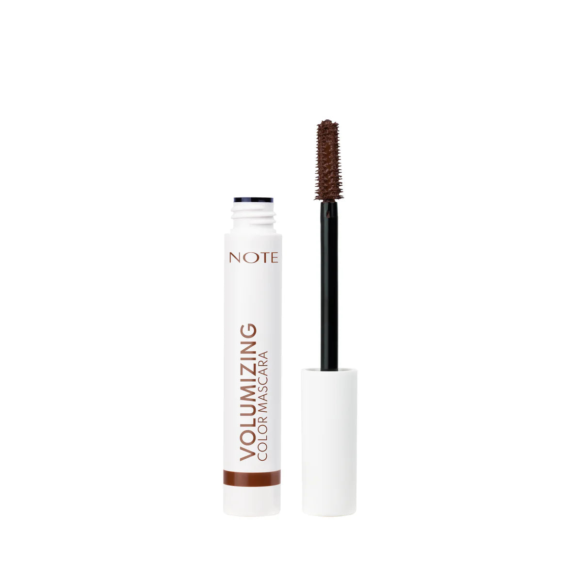 Note Volumizing Color Mascara in shade Brown, showing the white tube with brown text and the applicator wand with a brown bristle coat on a white background.