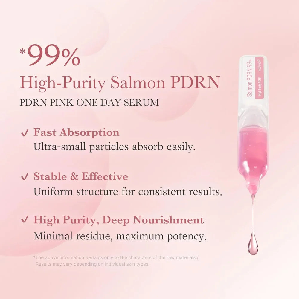 PDRN Pink One Day Serum with text highlighting features on a pink background