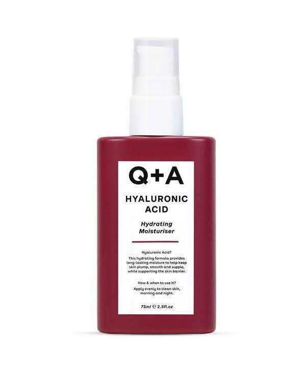 Red bottle of Q+A Hyaluronic Acid Moisturizer on a white background give us beauty