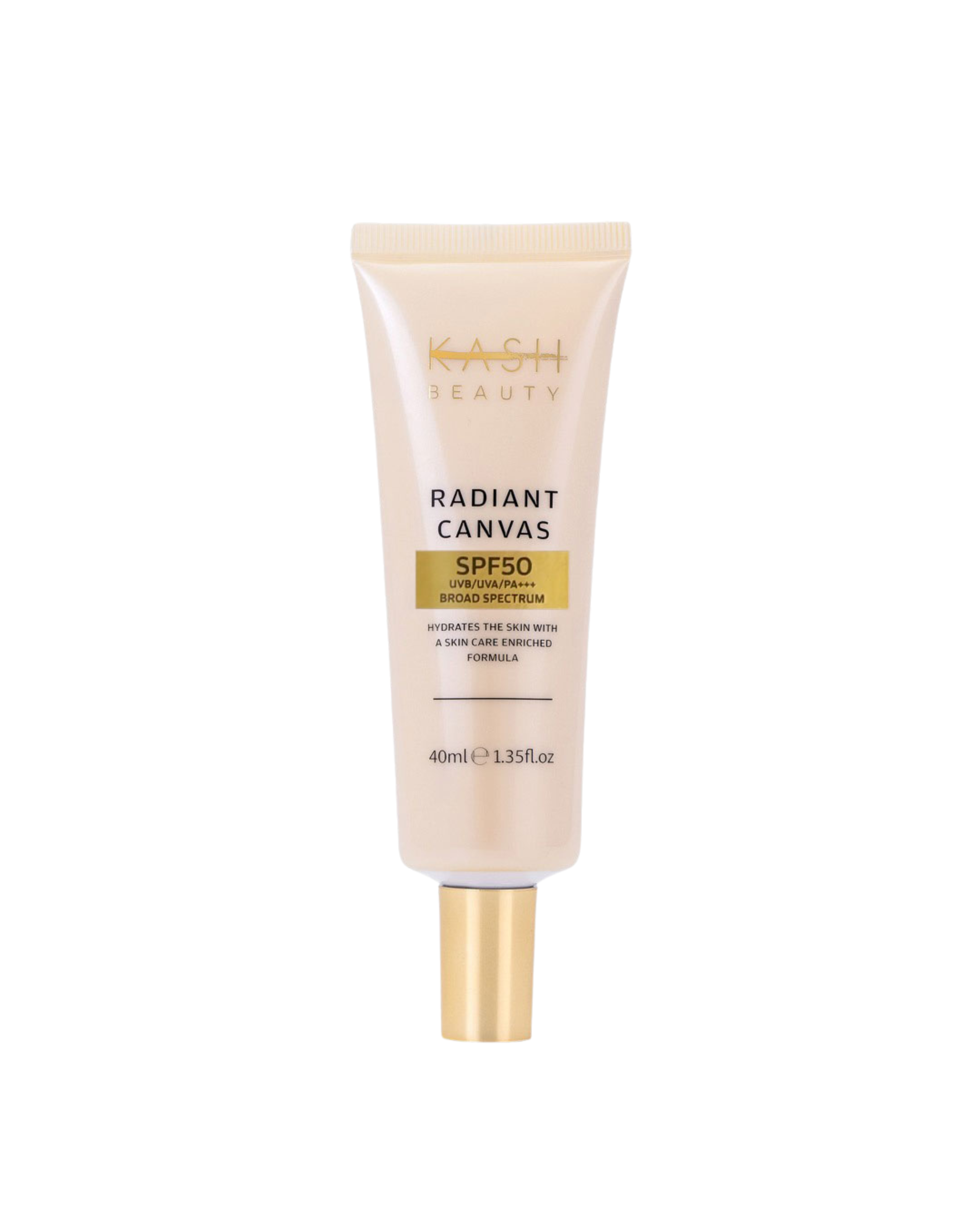 Creamy SPF50 primer with radiant finish by KASH Beauty, beige tube with gold cap and text detailing broad spectrum protection and hydration, front view.
