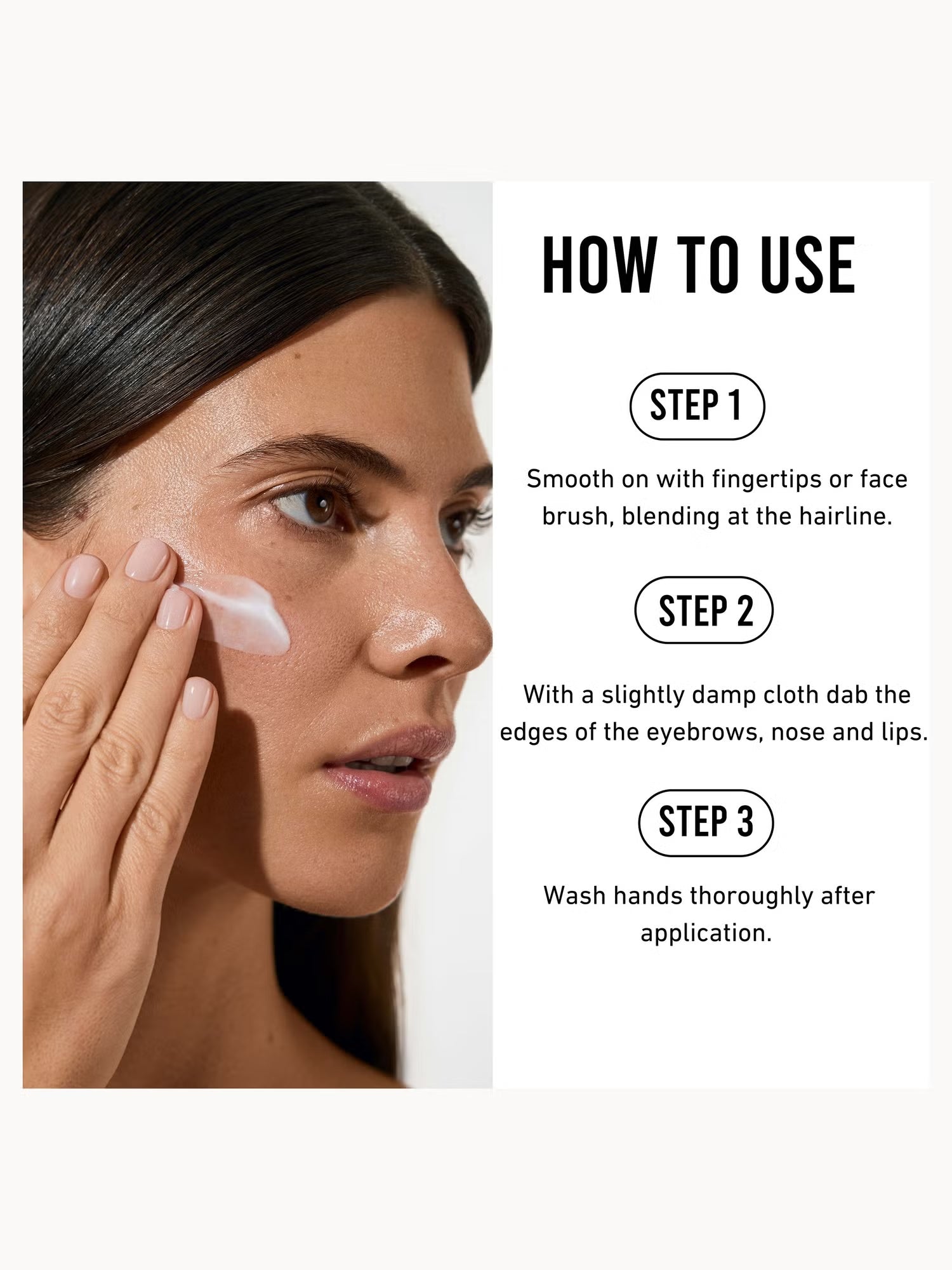 Step-by-step guide on applying a cosmetic product with text overlay.