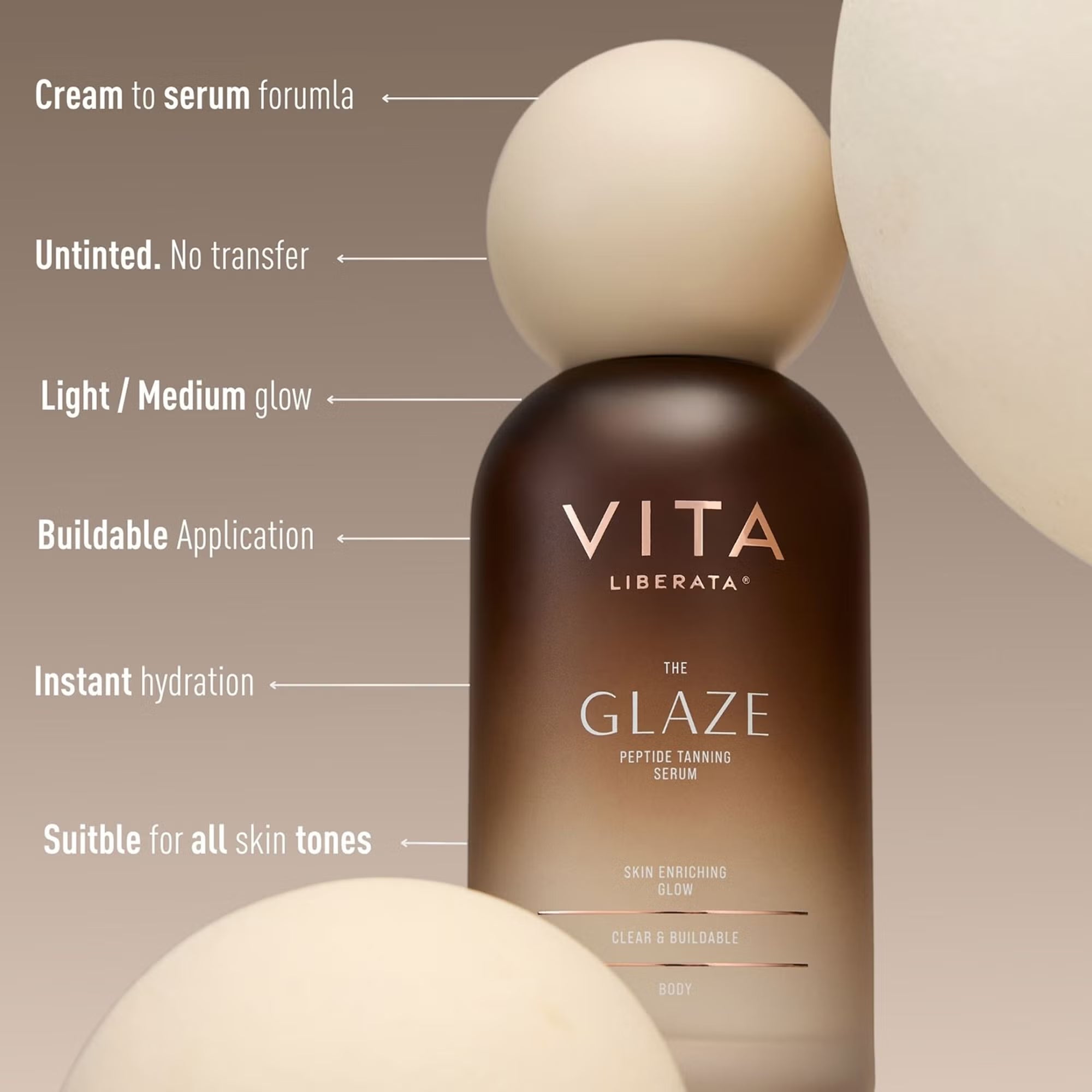 Vita Liberata The Glaze serum bottle with features listed on a beige background