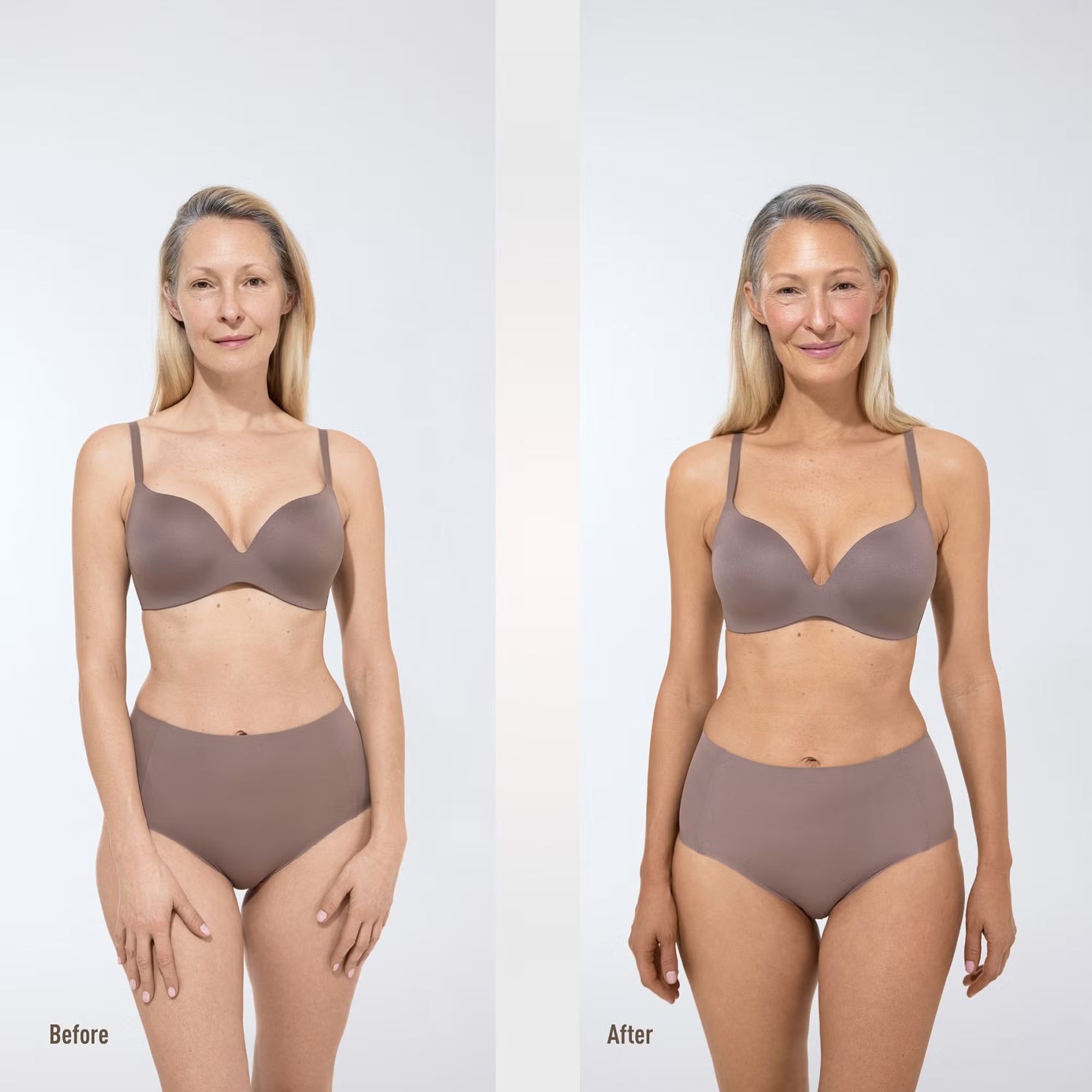 Before and after comparison of a woman wearing a bra and panties set on a plain background.