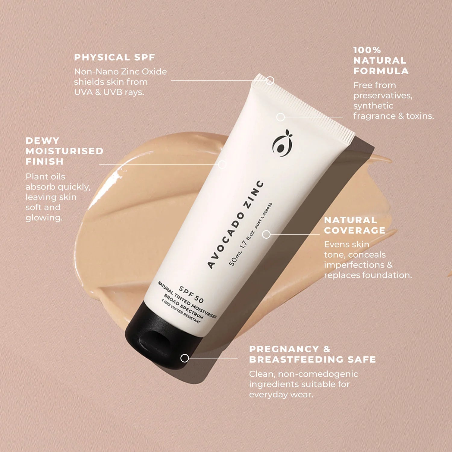 Avocado Zinc Natural Tinted Moisturiser SPF50 - Light/Medium - Give Us Beauty