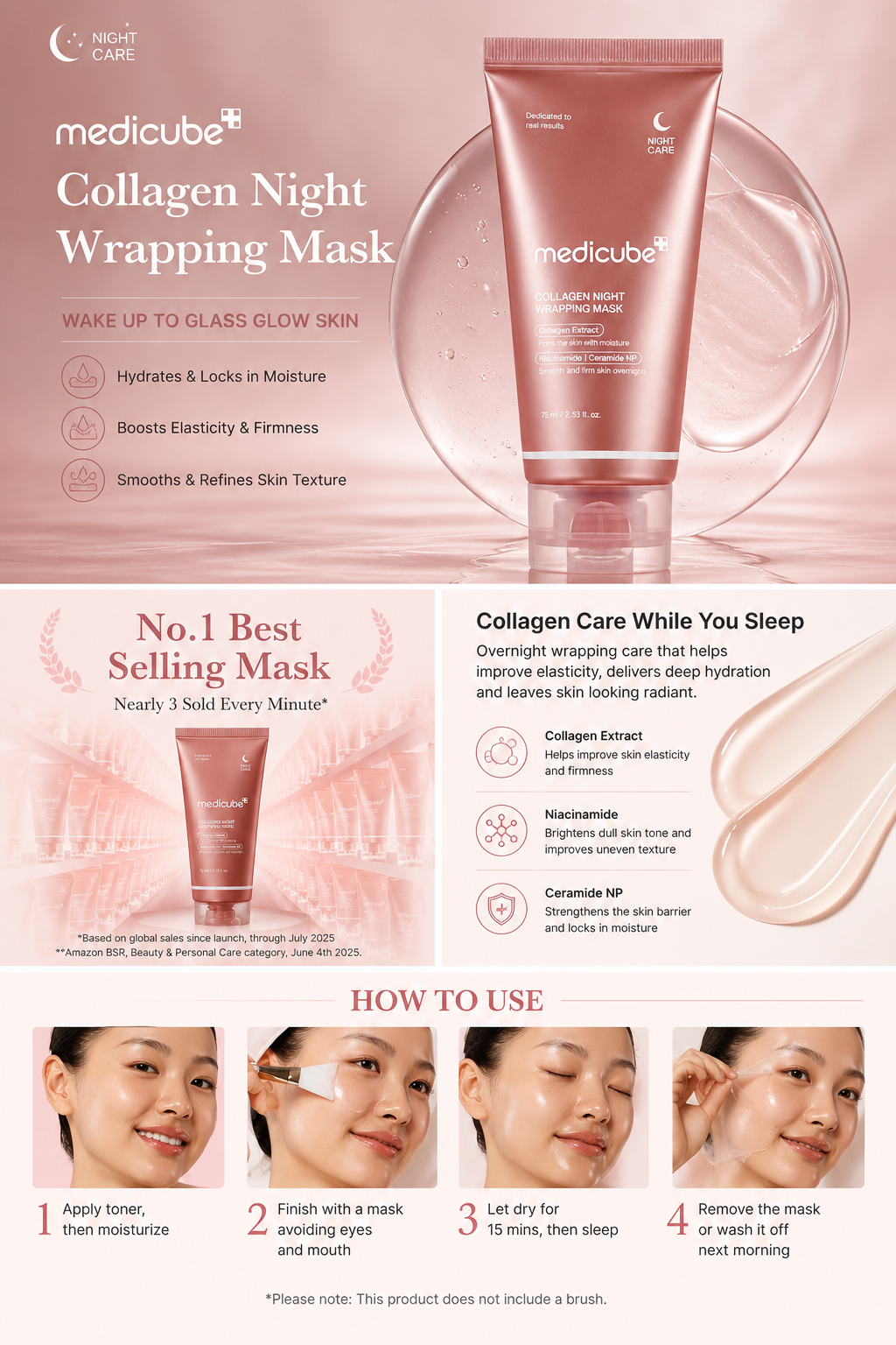 Medicube Collagen Night Wrapping Mask packaging with product details and usage instructions on a pink background at give us beauty