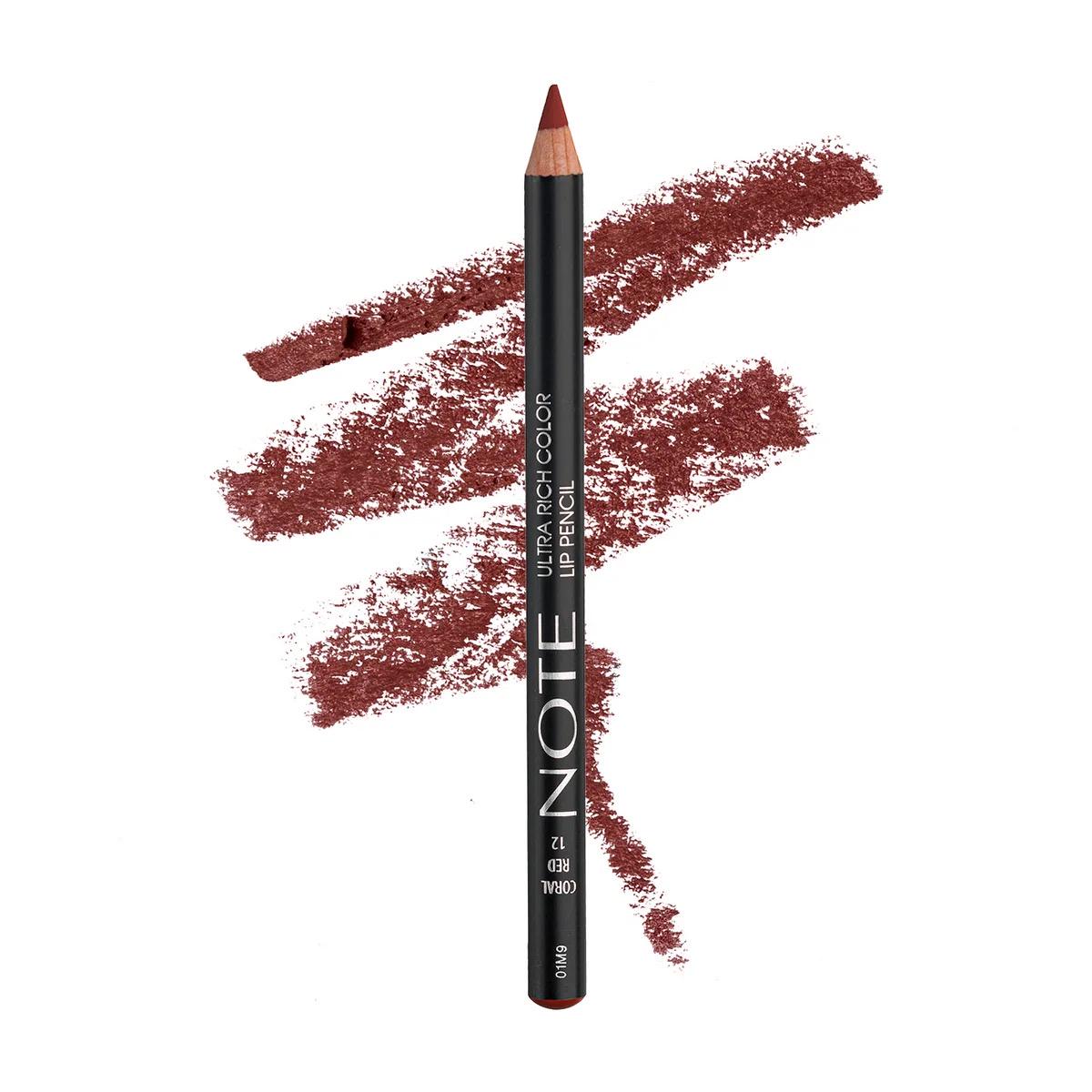 A black NOTE lip pencil with a reddish-brown tip, shown vertically in front of three textured swatches of the same lip color on a white background.