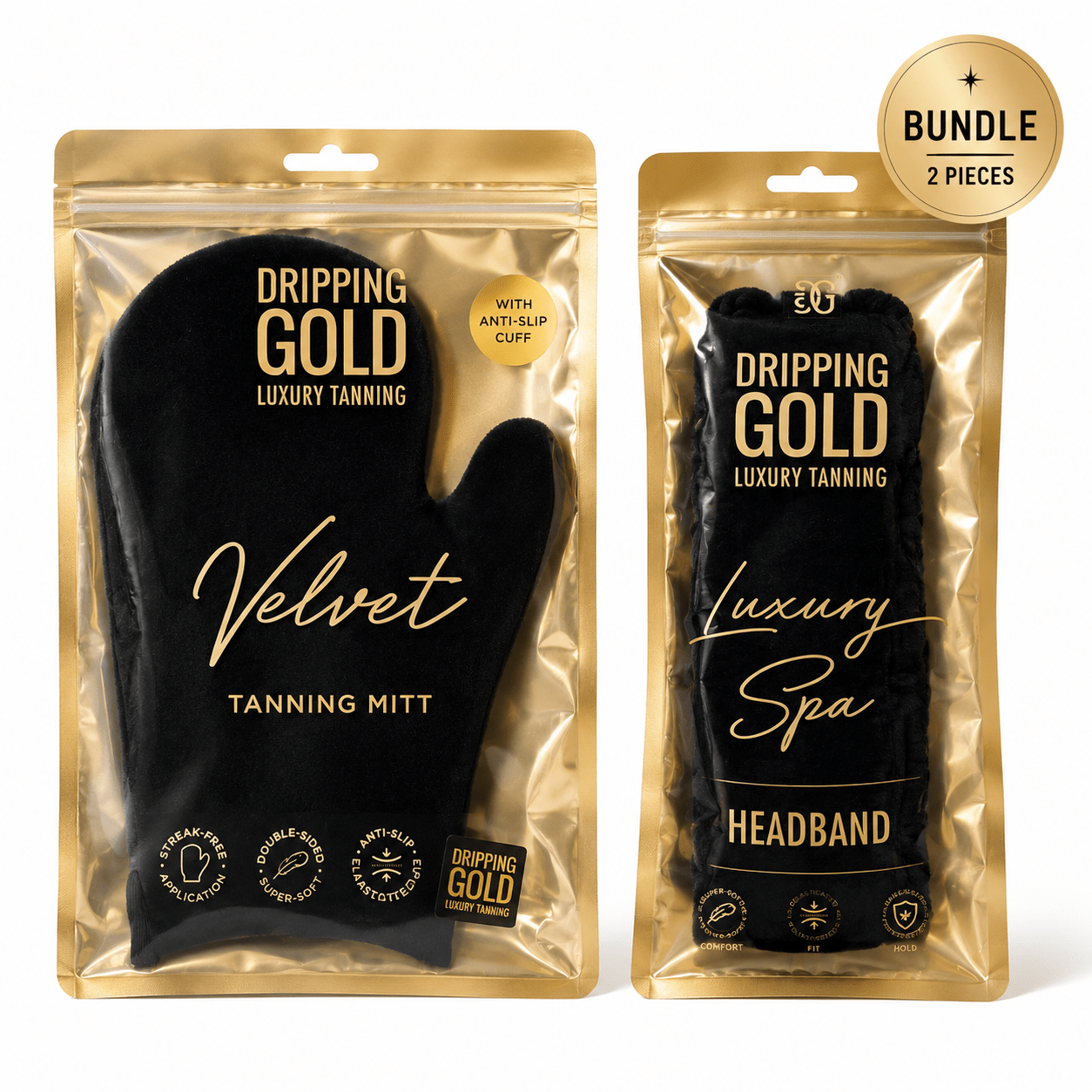 Dripping Gold Luxury Velvet Tanning Mitt & Spa Headband Bundle - Give Us Beauty