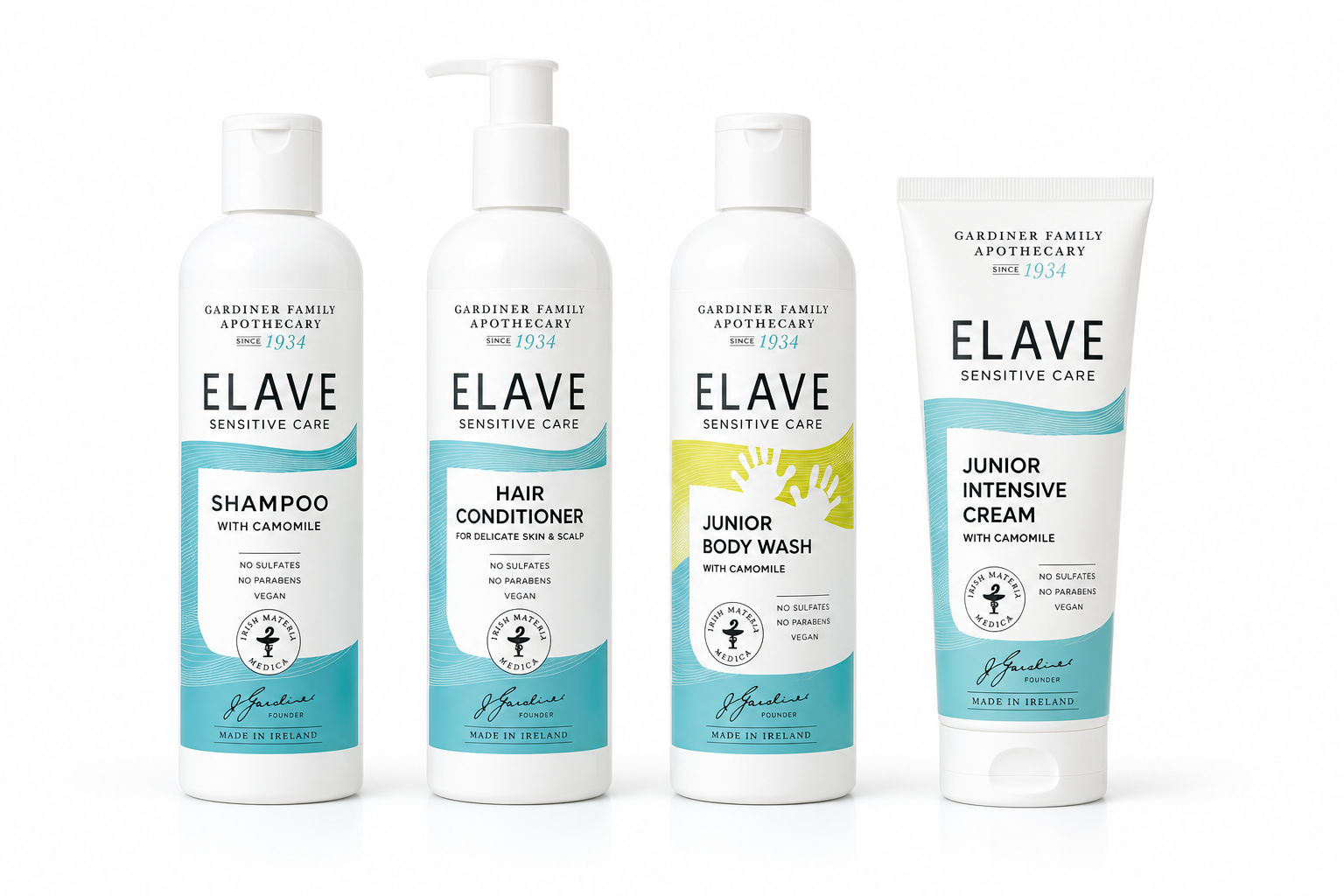 Set of Elave skincare products including shampoo, conditioner, body wash, and cream on a white background.