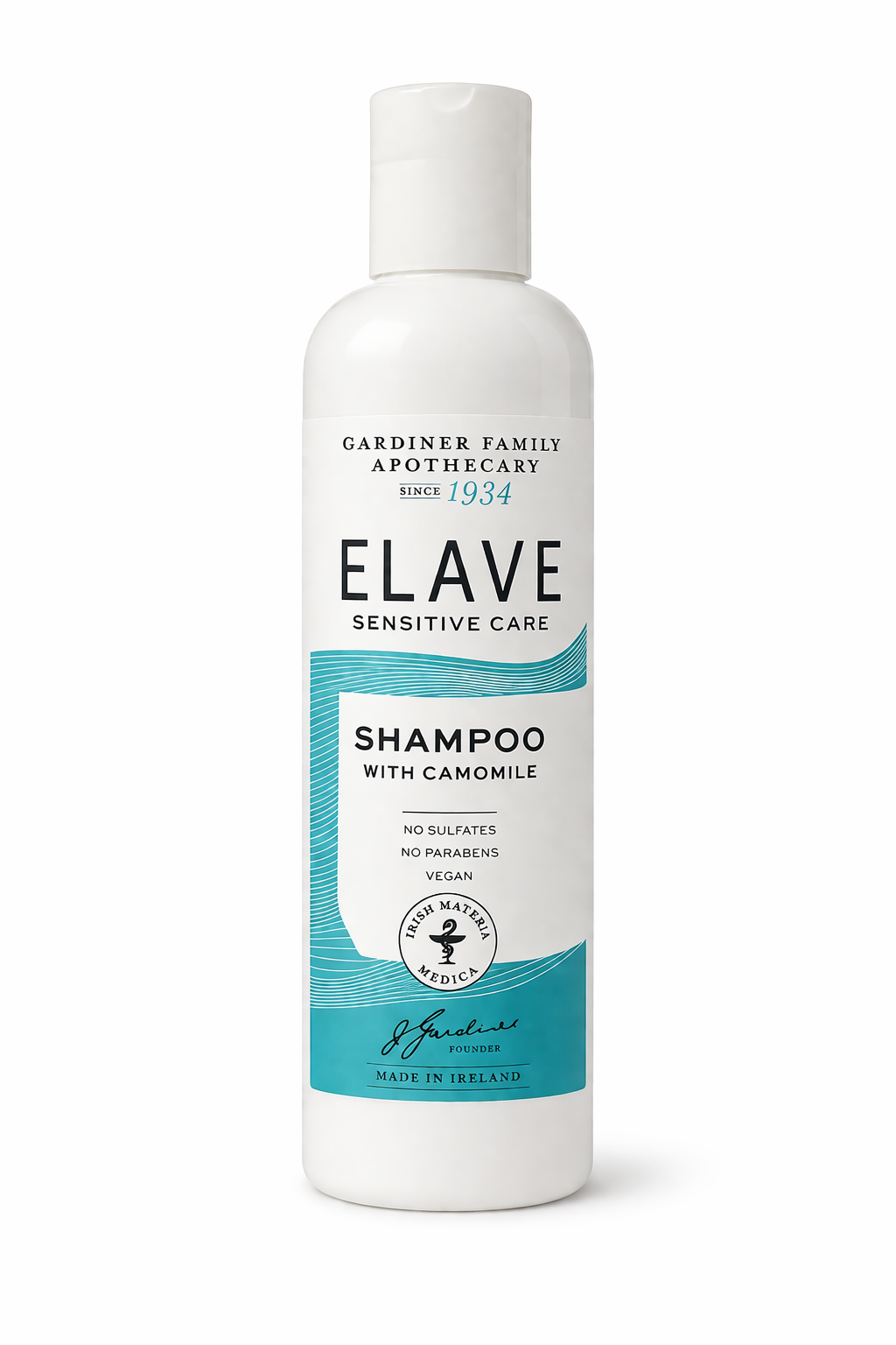 Elave shampoo bottle with white and blue design on a white background