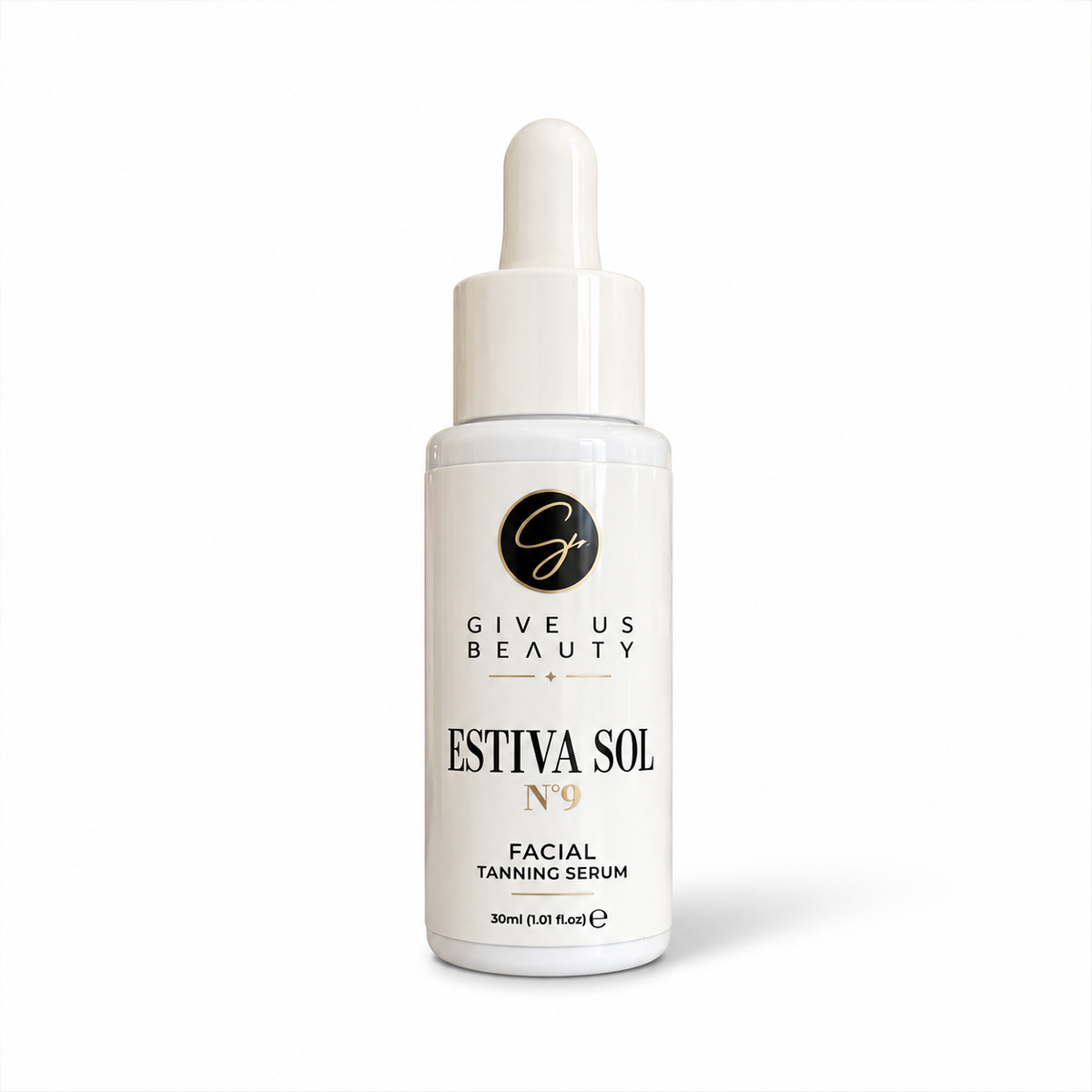 Give Us Beauty Estiva Sol No. 9 Facial Tanning Serum in a 30ml white dropper bottle, shown on a clean white background.