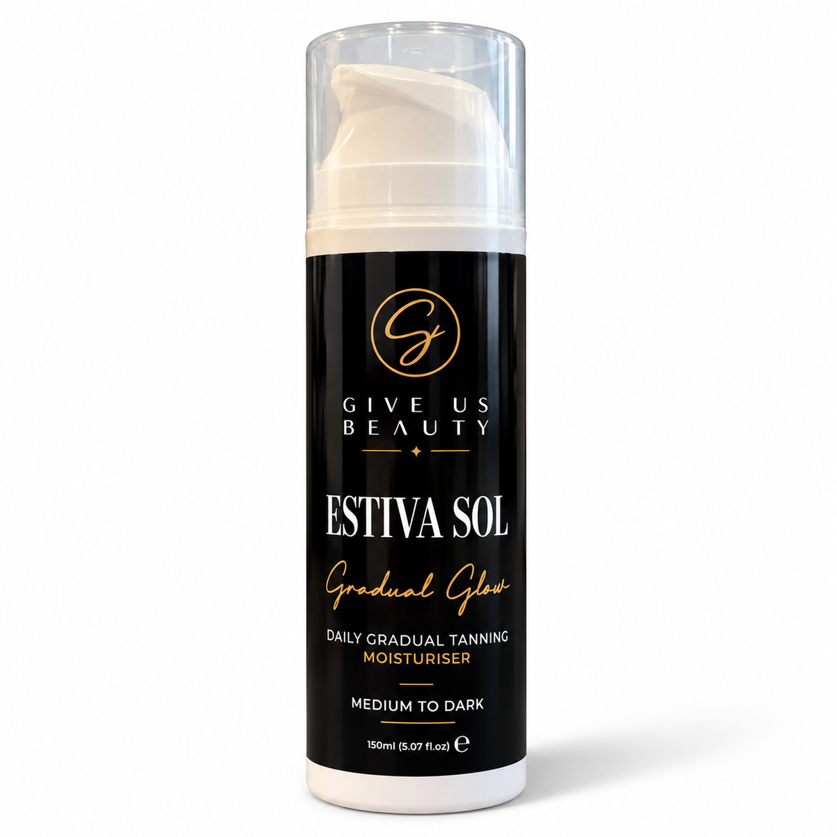 Give Us Beauty Estiva Sol Gradual Glow Daily Gradual Tanning Moisturiser in a 150ml pump bottle. The bottle has a black label with gold and white text, a white pump dispenser, and a clear cap, set against a plain white background with a soft shadow.