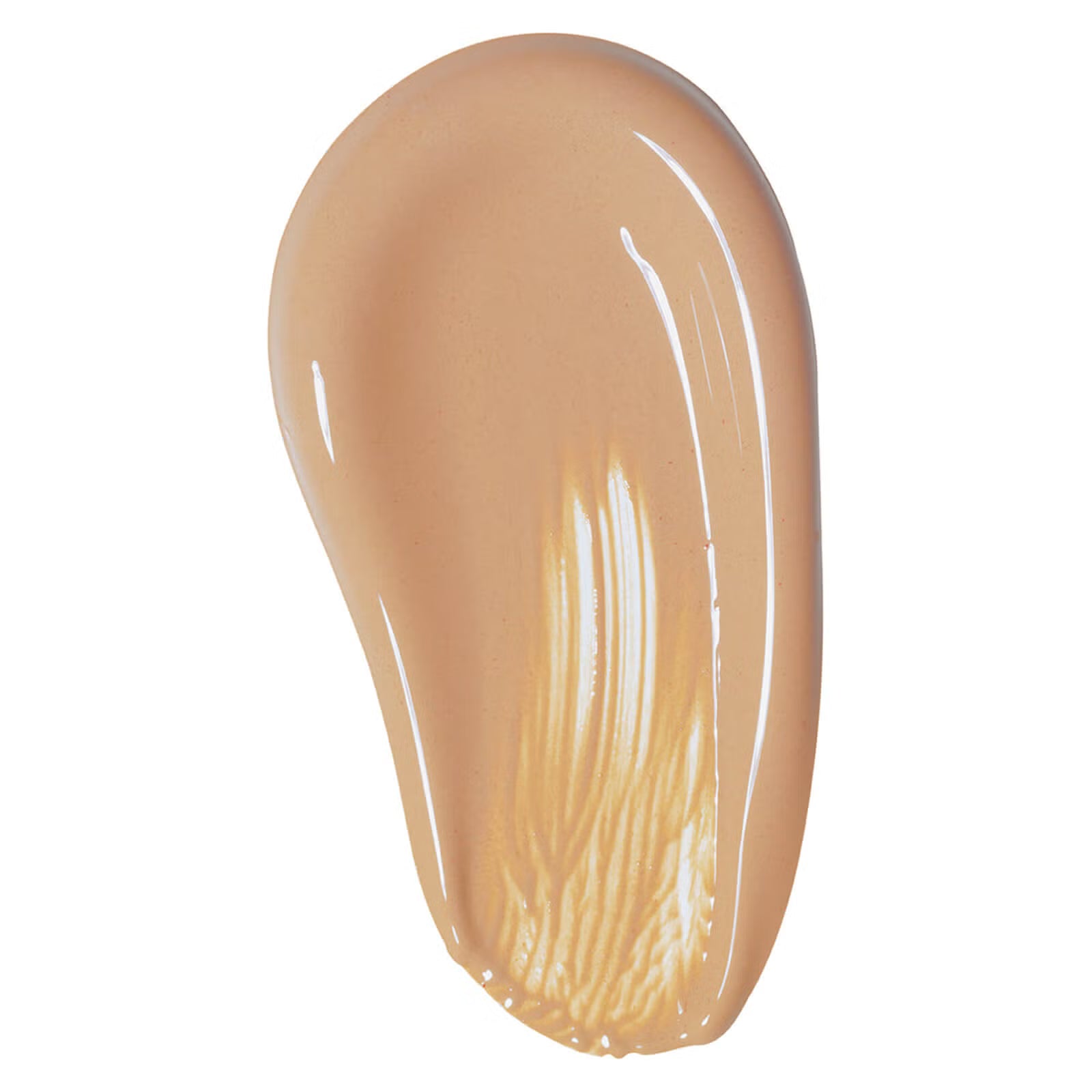 Beige liquid foundation by Max Factor with glossy texture and smooth swatch finish, top-down view