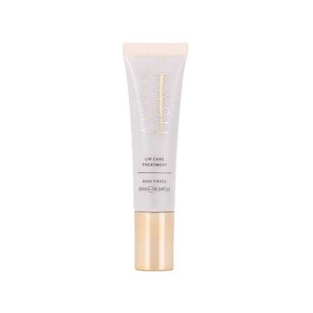 Rose tinted lip care treatment by KASH Beauty in a white tube with gold cap, front view, minimalist design