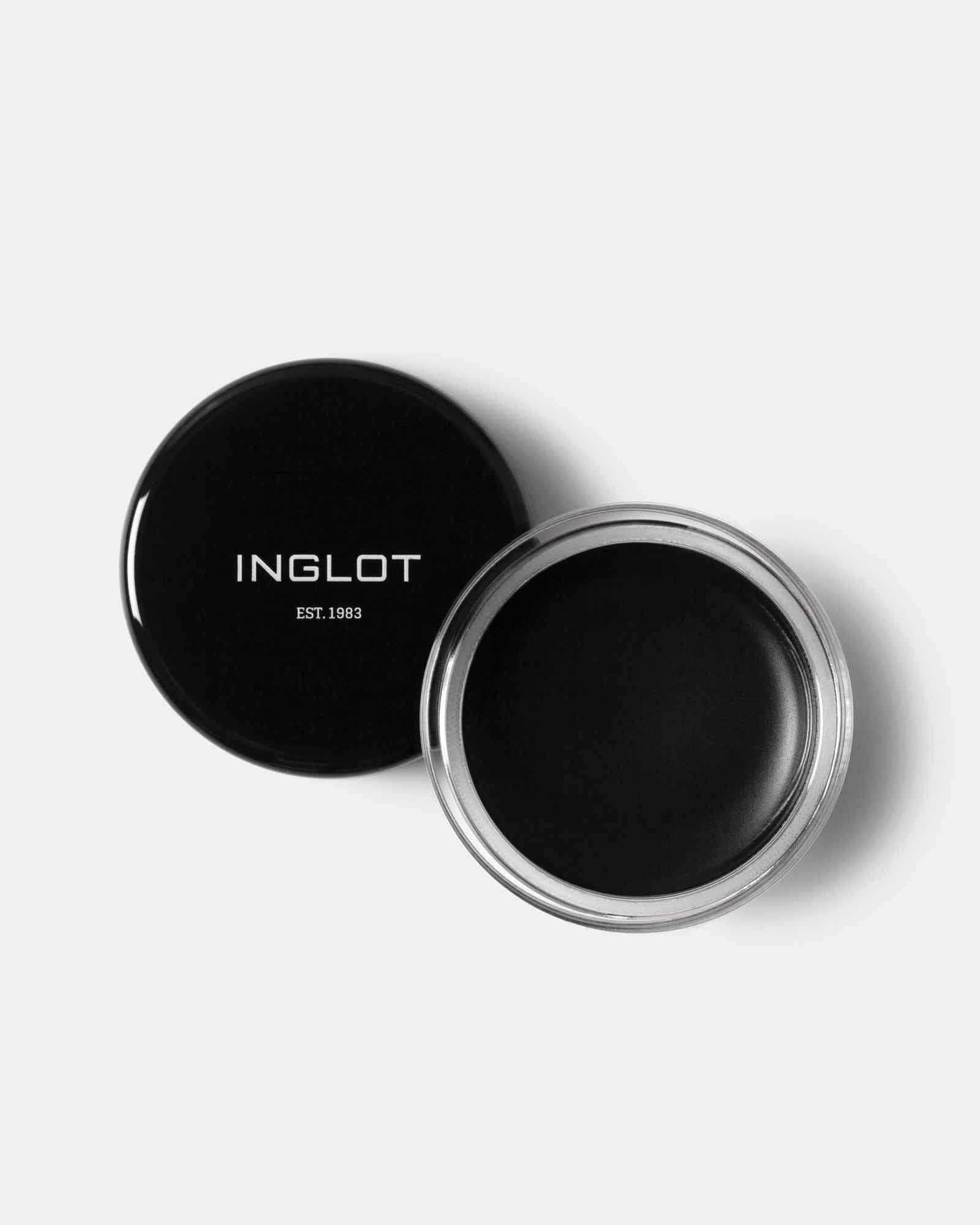 Black waterproof eyeliner gel in clear jar with black lid by Inglot, top-down view, minimalist white background