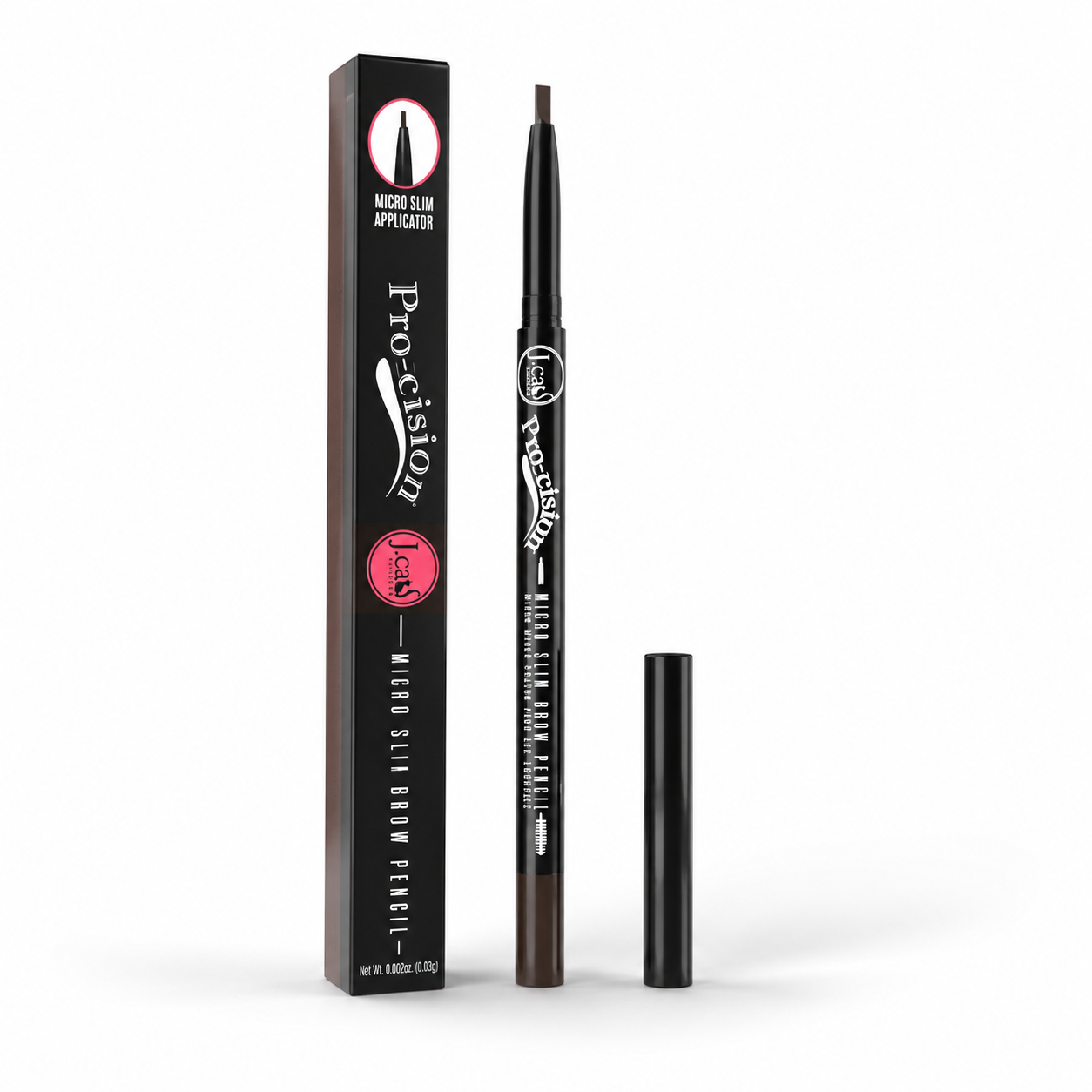 A Pro-cision Micro Slim Brow Pencil in shade espressoshown with its black packaging box and the detached black cap on a clean white background.