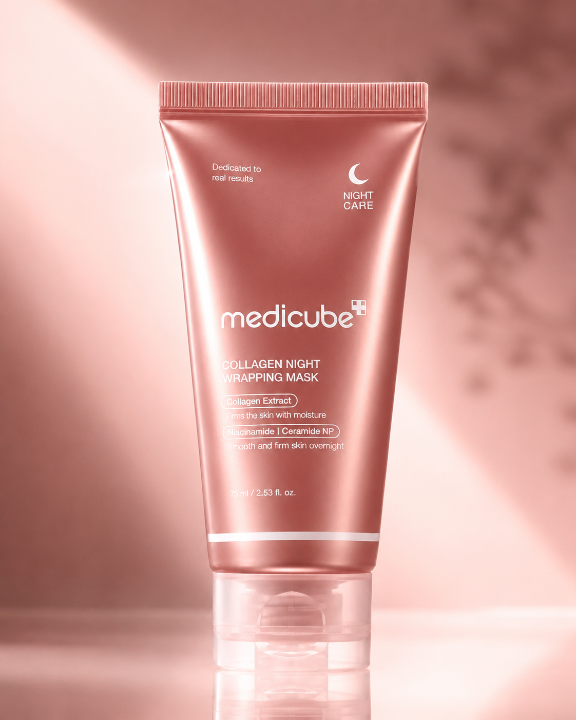 Medicube collagen night mask tube on a pink background at give us beauty newry