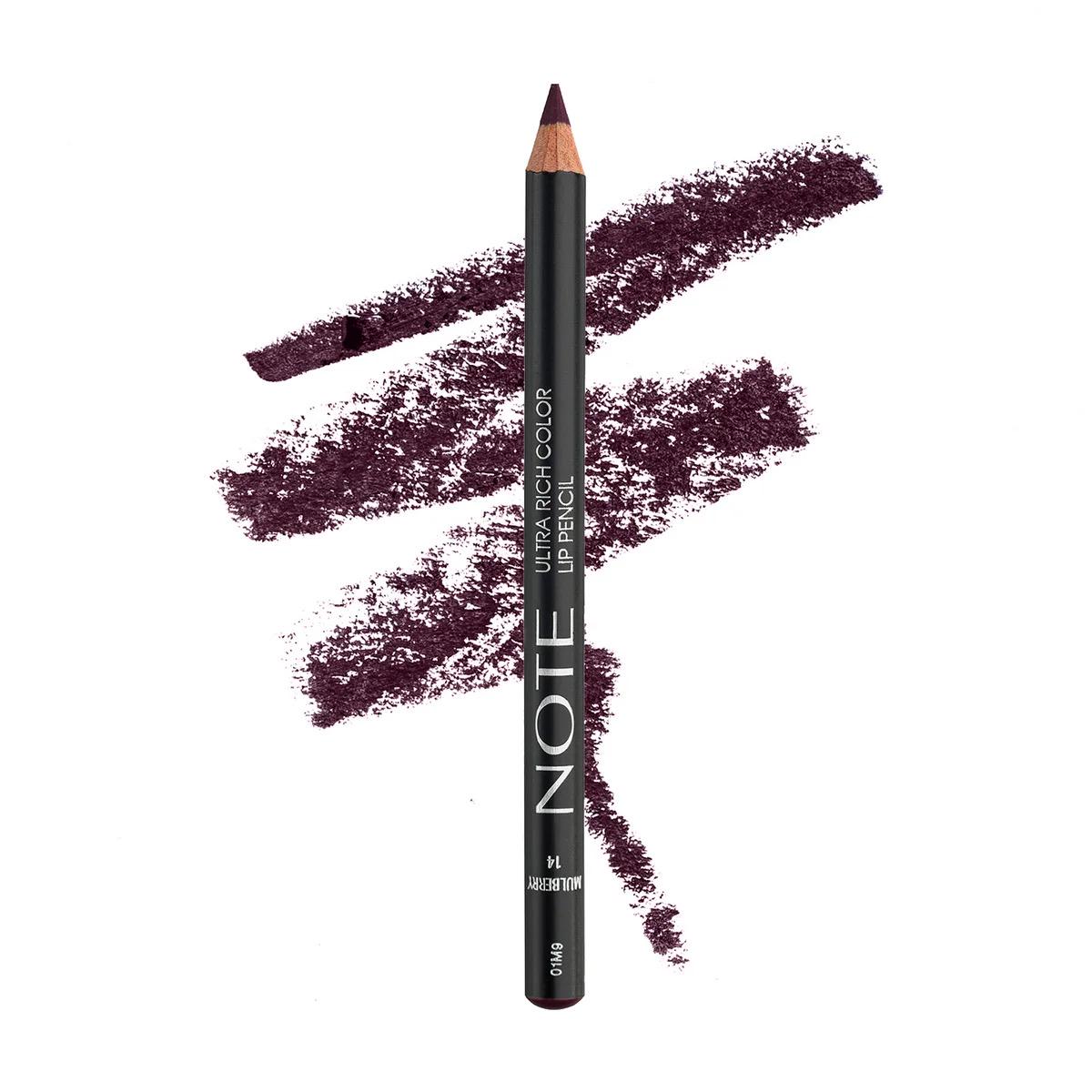 A dark brown lip liner pencil by NOTE Cosmetics, shown vertically with three textured swatches of the dark brown lip color behind it, on a solid white background.