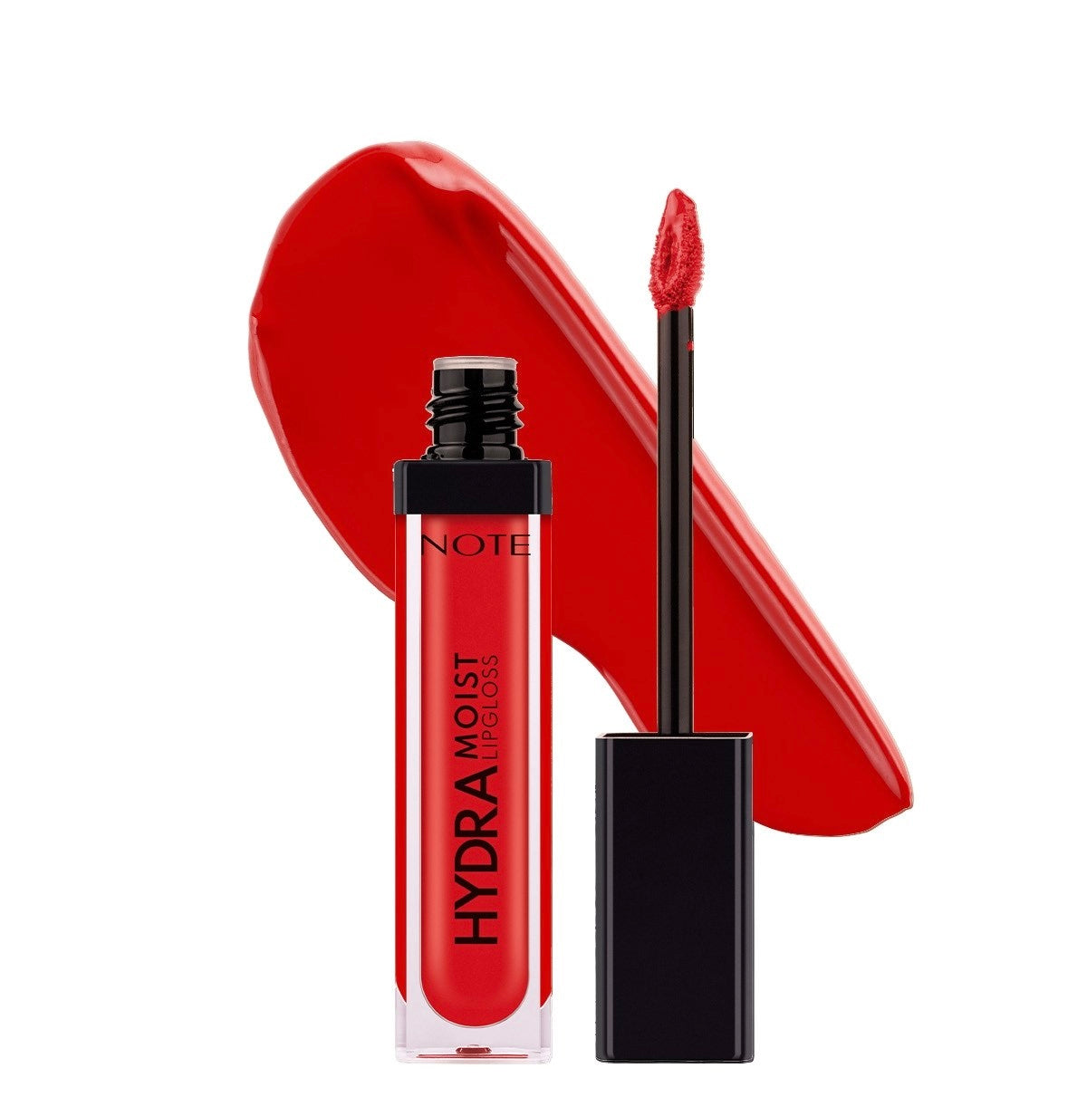 Note Hydra Moist Lip Tint in a vibrant red shade, featuring the clear tube with black cap, the applicator wand, and a large red product smear on a white background.