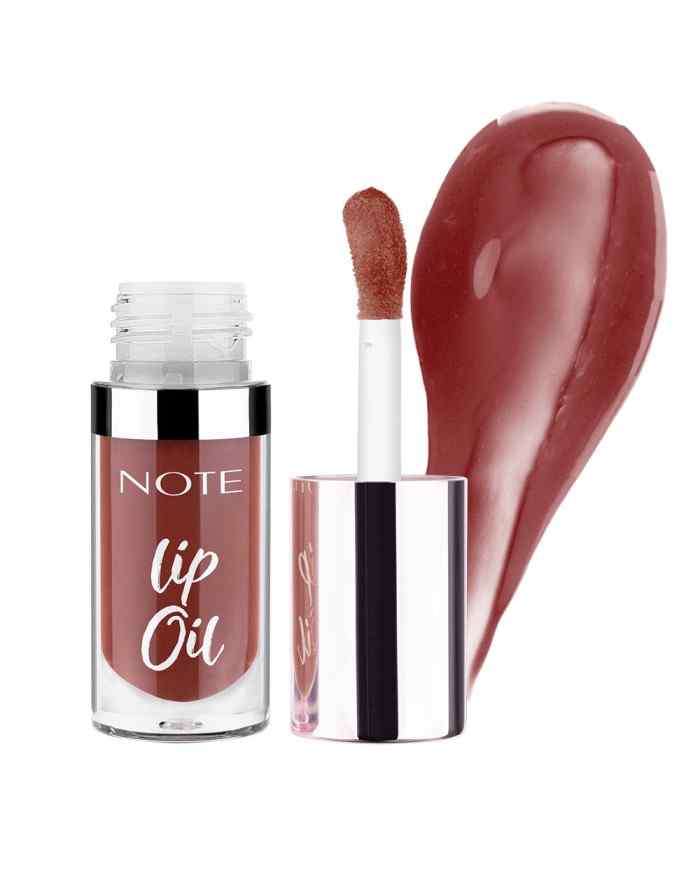 Note Lip Oil in a dusty rose-brown shade, shown in a clear bottle with a silver cap next to its applicator wand and a large product swatch on a white background.