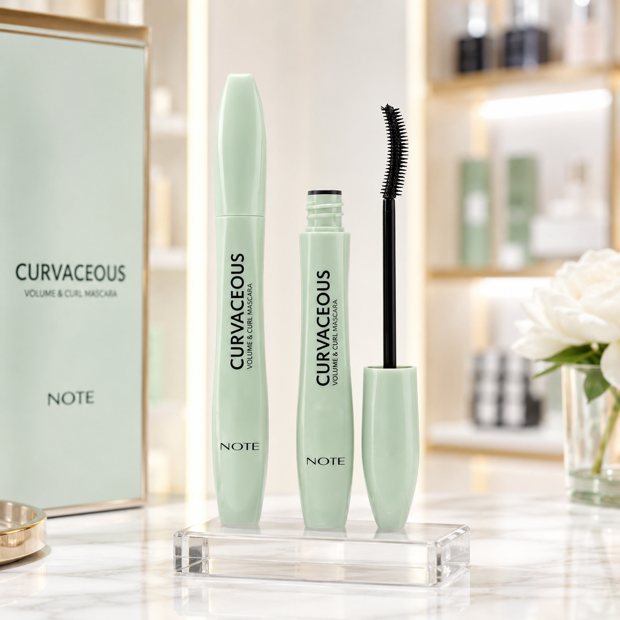Curvaceous volume and curl mascara by NOTE in mint green with black wand, displayed on clear stand with packaging and white flower nearby