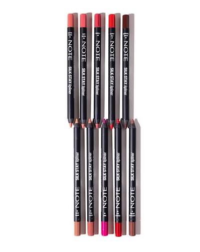 Six lip liner pencils from NOTE Satin lipliner arranged vertically on a white background, showing different shades including pink, red, brown, and nude.