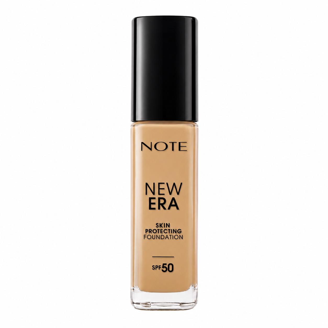 Light beige foundation with black cap and SPF 50 label by NOTE, shown in front view on white background