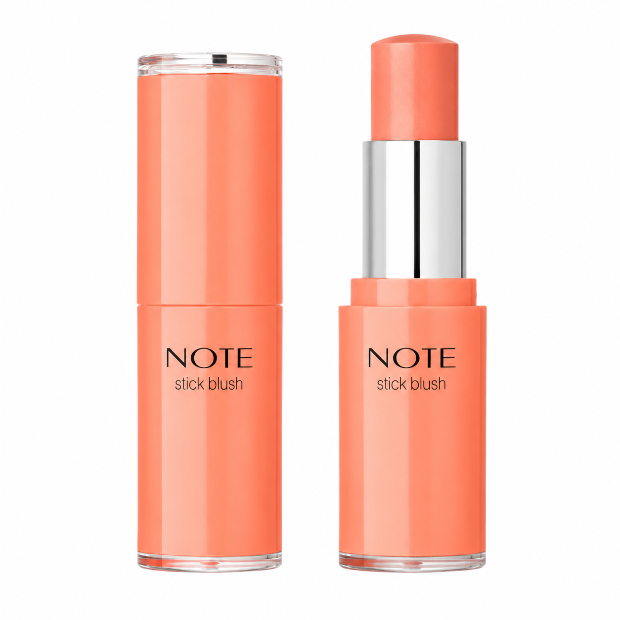 Coral stick blush by NOTE in glossy cylindrical tube with silver cap, shown closed and open against white background