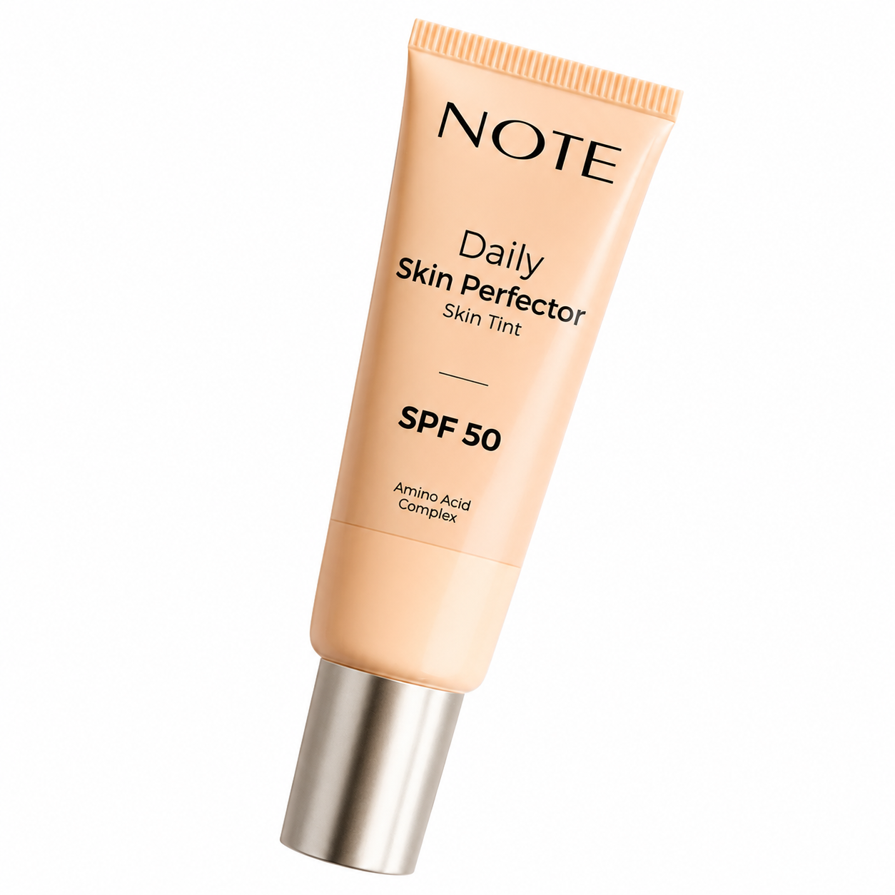 A squeeze tube of NOTE Daily Skin Perfector Skin Tint SPF 50, shown at an angle on a plain white background. The tube is a warm peach-beige color with a metallic silver cap.