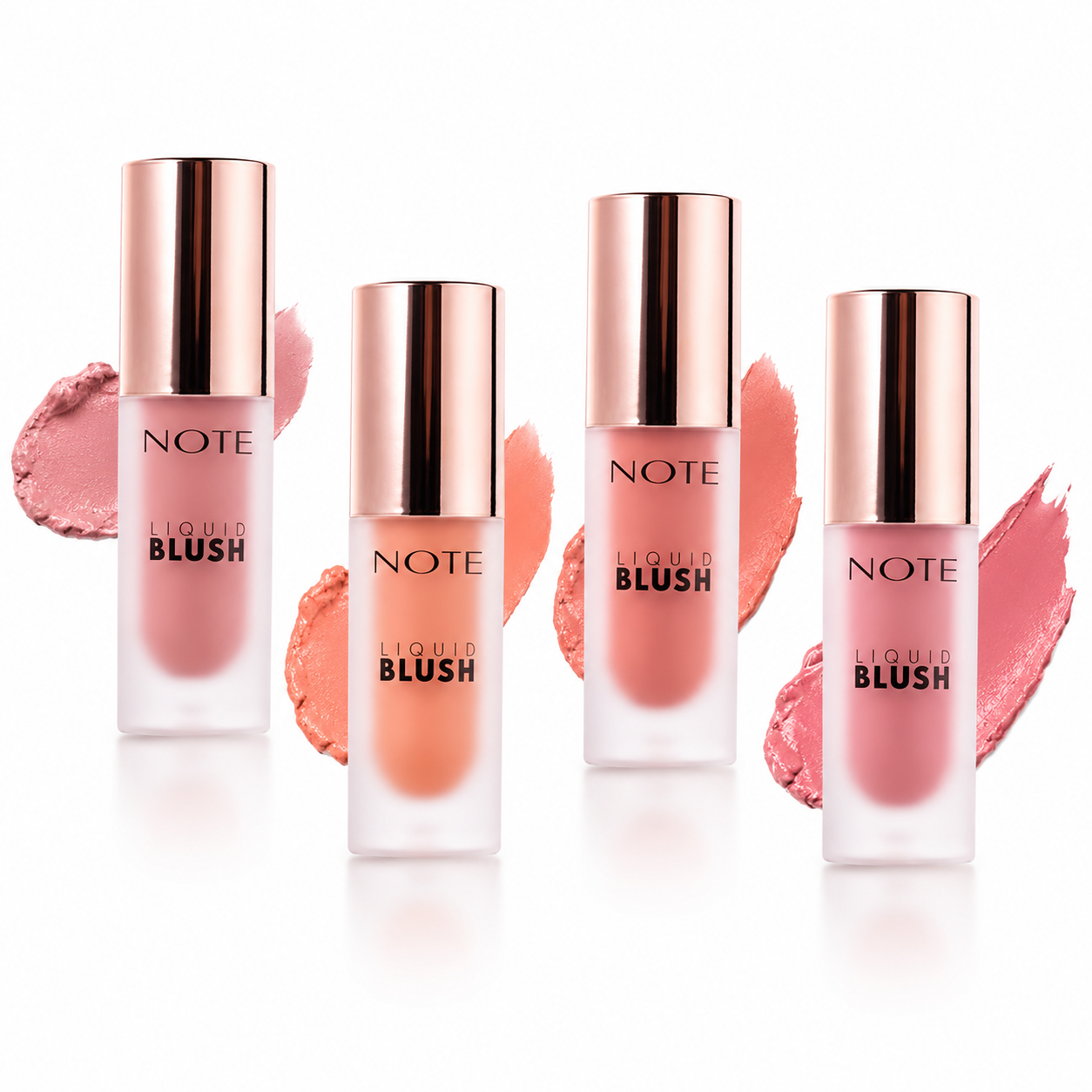 Liquid blush in soft pink and peach shades by NOTE, with rose gold caps and swatches shown, front view