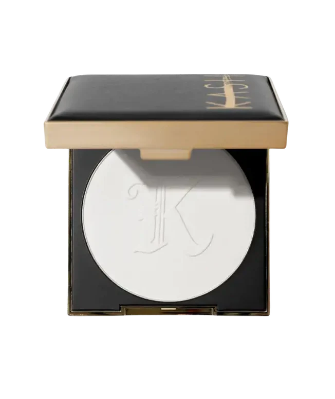 Compact powder in a black case with a visible brand logo on a white background kash beauty setting powder at give us beauty