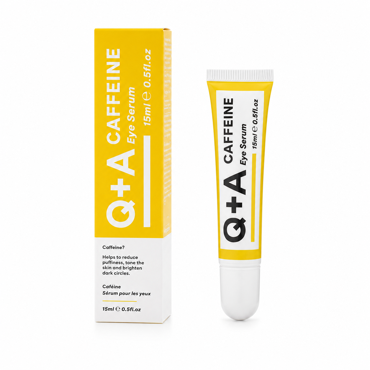 Q+A Caffeine eye serum tube and packaging on a white background