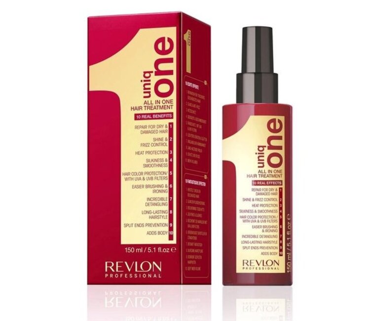Revlon Uniq One hair treatment bottle and packaging on a white background