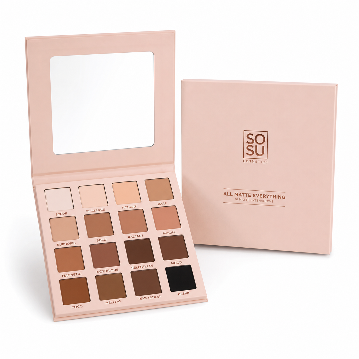 Makeup palette with shades of brown and black, open and closed, on a white background.