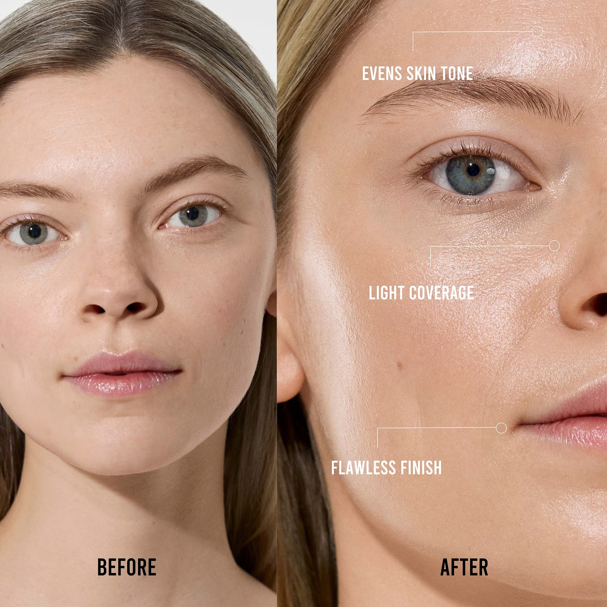 Before and after comparison of a woman's face with makeup application features.