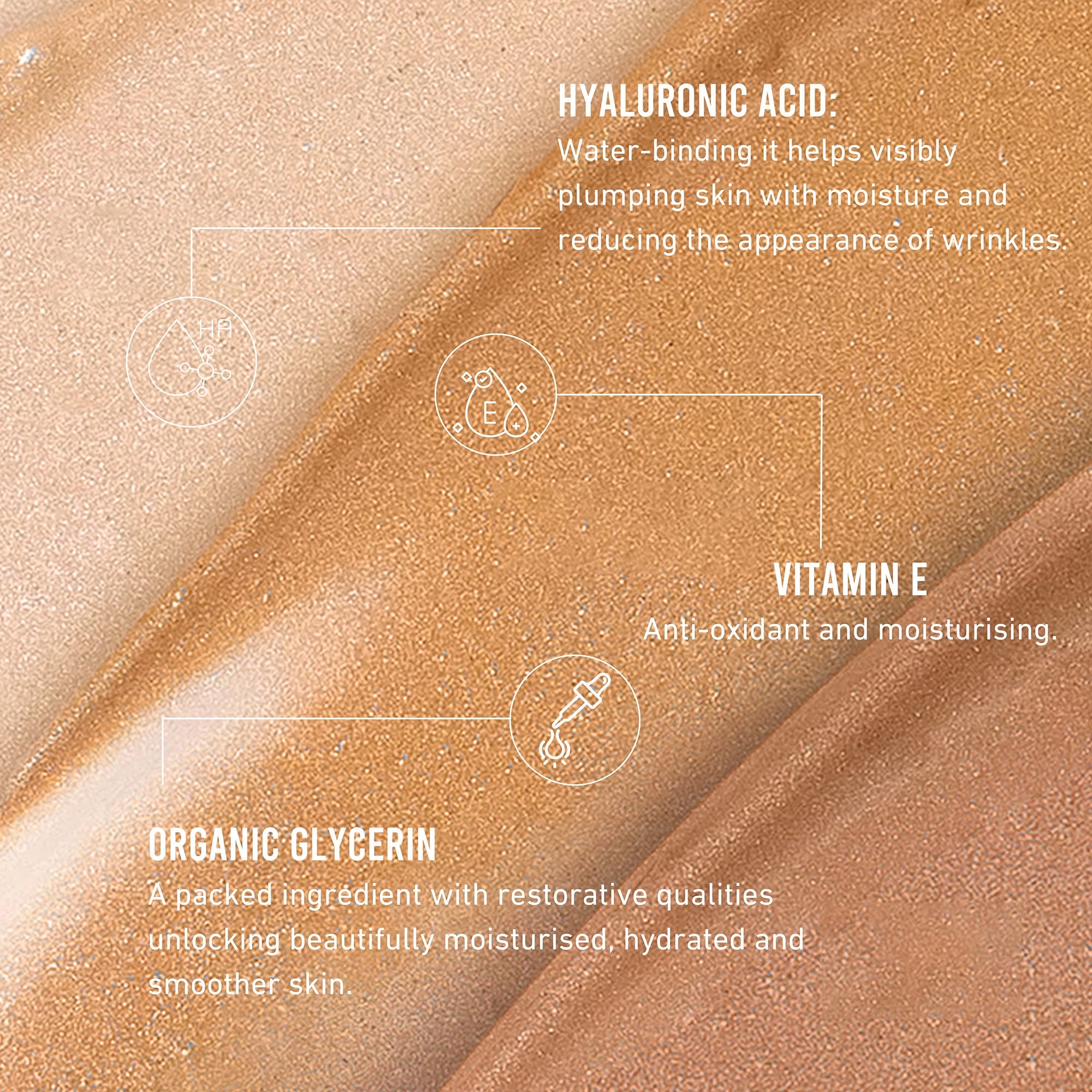 Close-up of skin texture with text about skincare ingredients on a beige background Vita Liberata tinted moisturiser