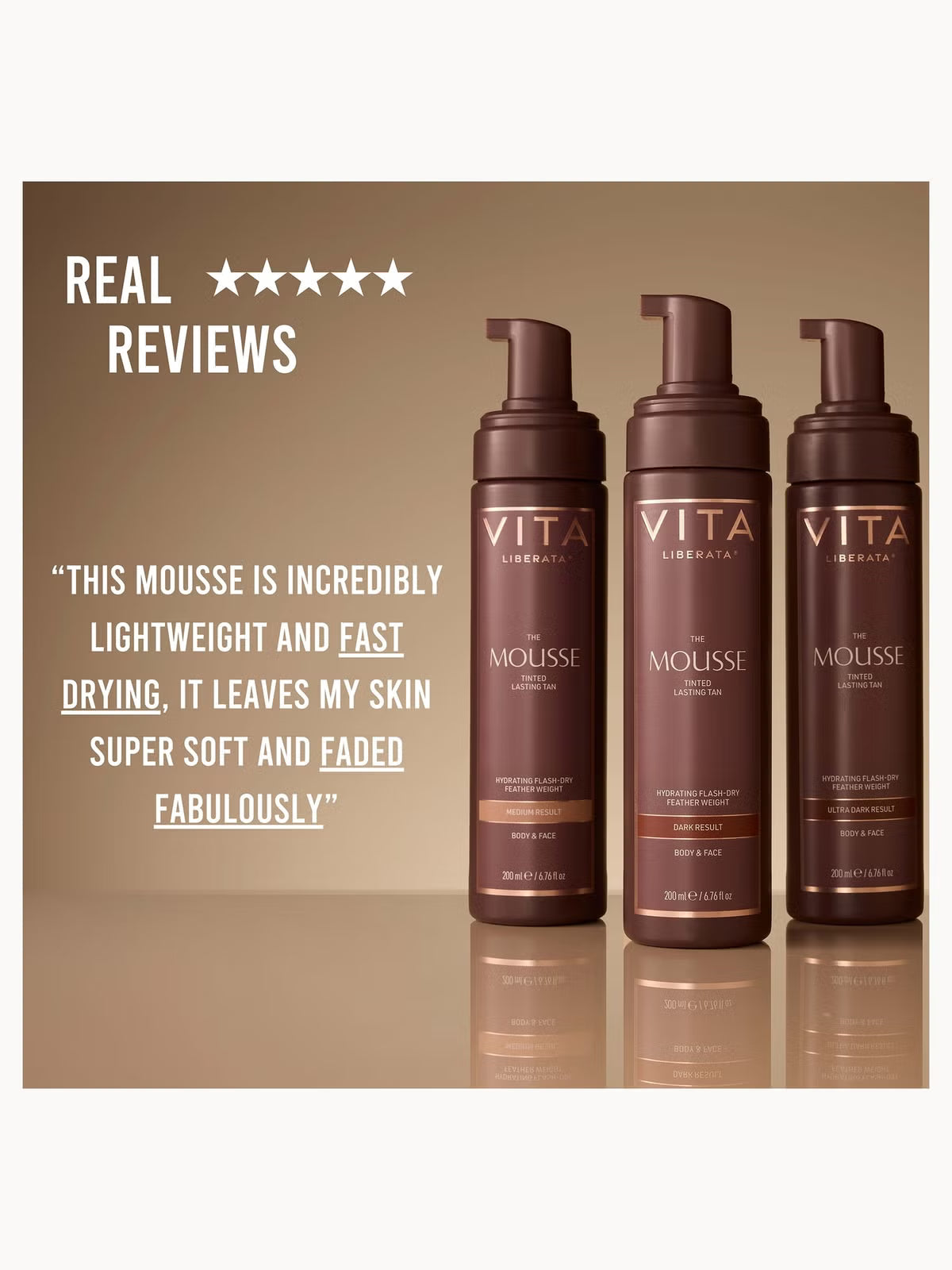 Three bottles of Vita mousse with a five-star rating and customer review on a brown background
