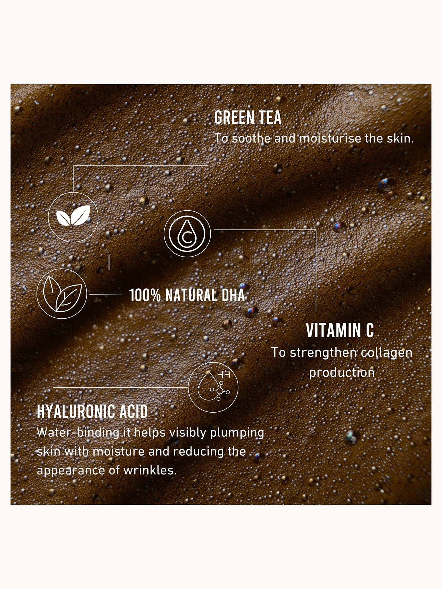 Skincare product with text highlighting green tea, vitamin C, and hyaluronic acid benefits on a brown background.