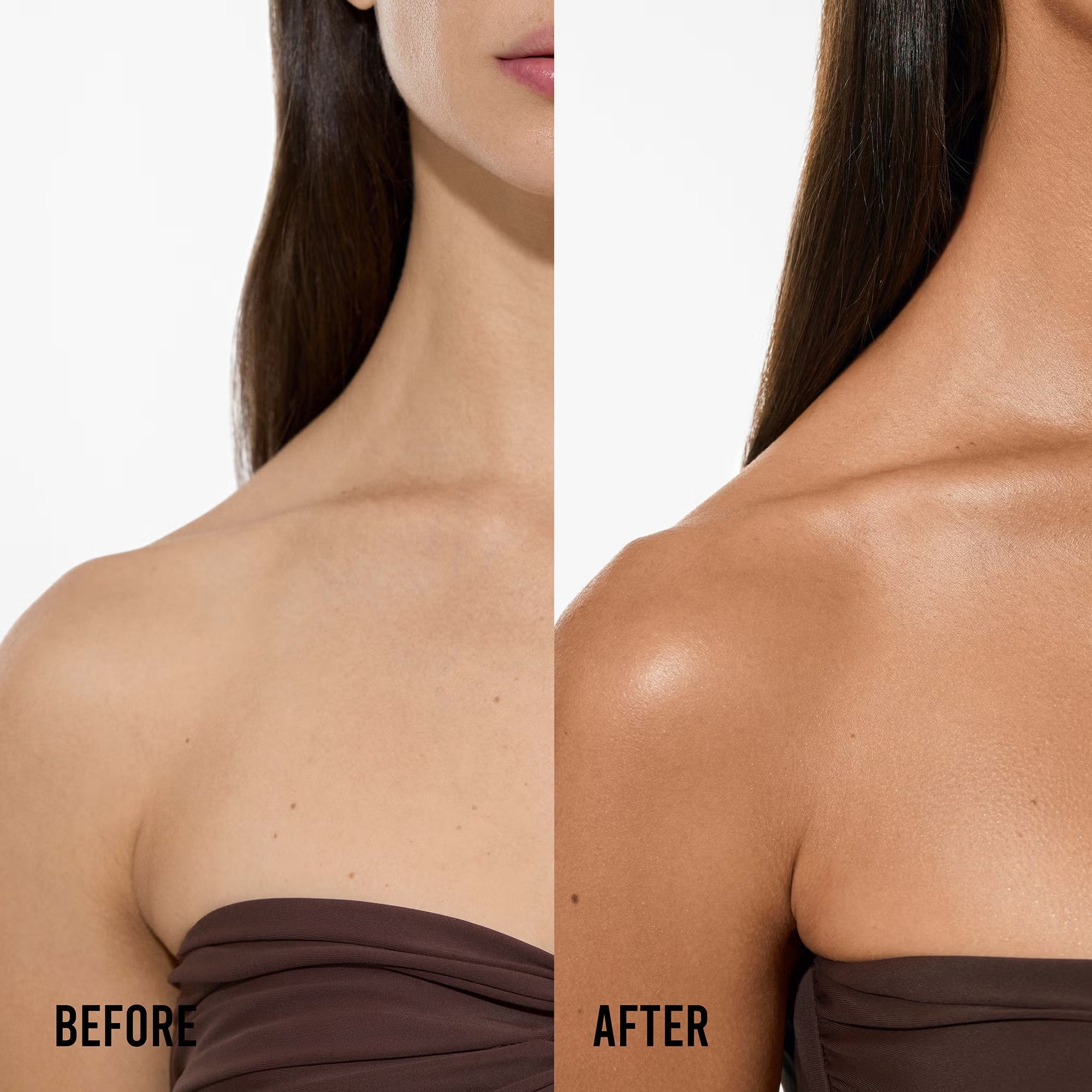 Before and after comparison of a woman's shoulder and neck area with a brown top.